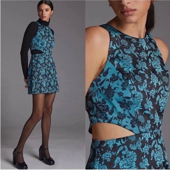 Hutch Dresses & Skirts - Hutch Anthropologie Teal Floral Jacquard Cut-Out Fit & Flare Mini Dress  Size 4
